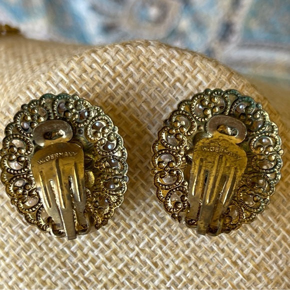 W Germany Necklace & Earrings ornate gilt tortoise color with tiny pearls - Picture 7 of 17